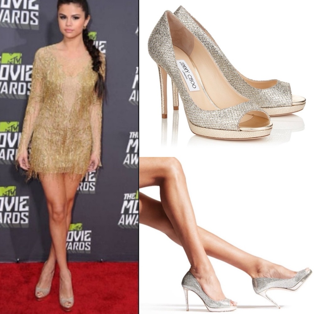 Jimmy Choo Luna Glitter Peep Toe Platform High Heel Pumps EU38.5 US8.5